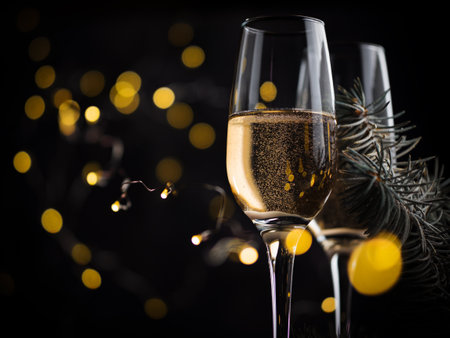 Christmas 2020, festive winter seasonal background with glasses and copyspaceの写真素材