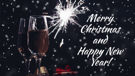 Glasses of champagne on the dark evening table. New year and Christmas celebrationsの写真素材