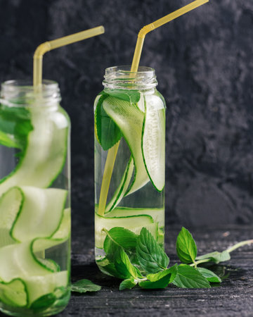 Cucumber water with mint in the glass. Refreshing detox drinkの写真素材
