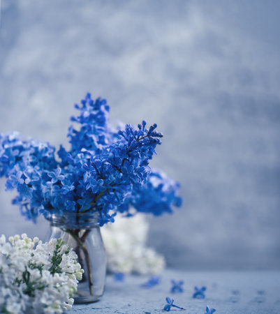 toned vase with lilac flowersの写真素材