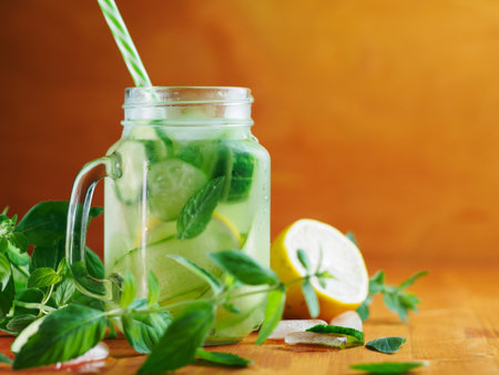Summer detox cucumber water with lemon and mint in a jar on a wooden tableの写真素材