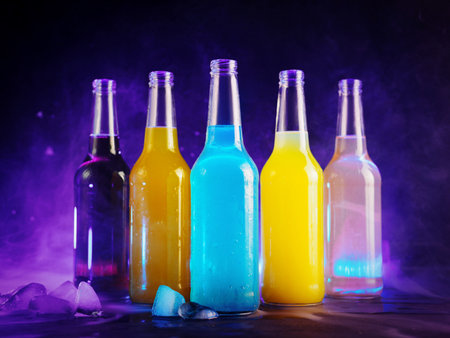 assorted soda pop glass bottles. sweet citrus and fruit iced carbonated lemonades, purple background backlightの写真素材