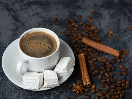 white Cup of Italian coffee with white marshmallow on dark table with copyspaceの写真素材