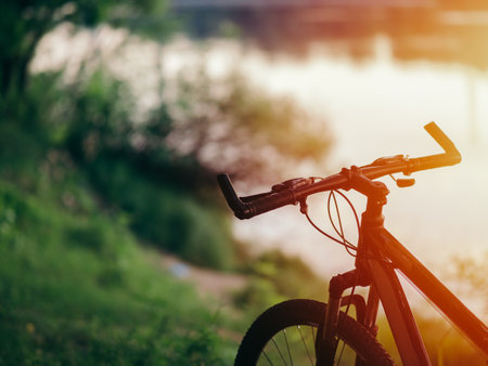 The bike is in the woods by the river. Active lifestyle and Cycling in summer copy spaceの写真素材