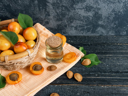 Glass bottle with apricot oil and fresh juicy apricots on the tableの写真素材