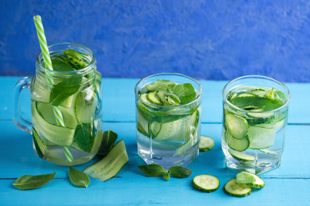 Cucumber infused water with mint on wooden blue backgroundの写真素材