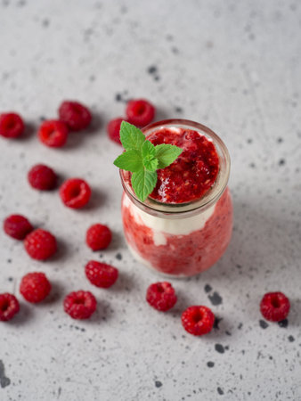 Raspberry parfait dessert Breakfast in glass jar on gray tableの写真素材