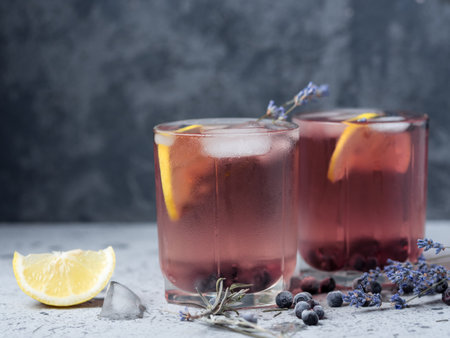 Alcoholic blueberry cocktail with lavender gin and tequila or blueberry Mojitoの写真素材