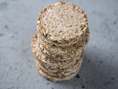 Rice and buckwheat cakes on the gray tableの写真素材