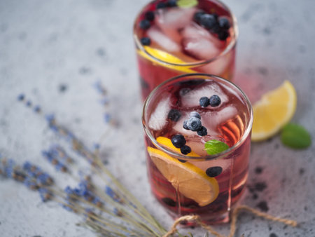 Alcoholic blueberry cocktail with lavender gin and tequila or blueberry Mojitoの写真素材