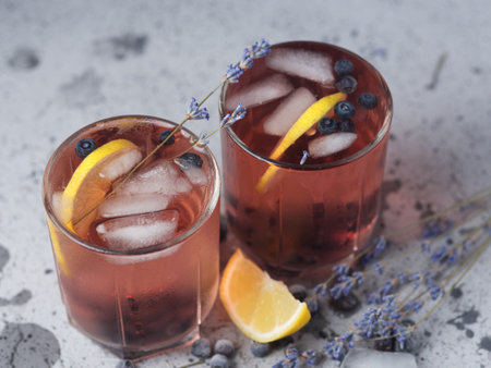 Alcoholic blueberry cocktail with lavender gin and tequila or blueberry Mojitoの写真素材