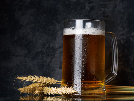 Beer mug with light beer on dark backgroundの写真素材