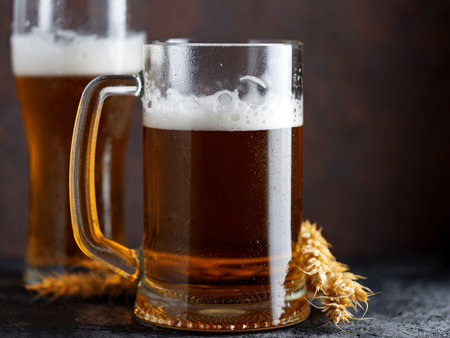 A mug of beer and a beer glass on a dark background. Wheat German beer. Oktoberfest. dark brown Copyspace backgroundの写真素材