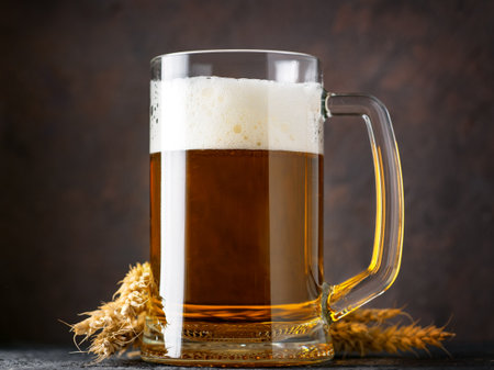 Close-up of a mug of light wheat beer on a dark backgroundの写真素材