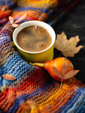 A mug of espresso wrapped in a warm colorful bright autumn scarf with dry autumn leavesの写真素材