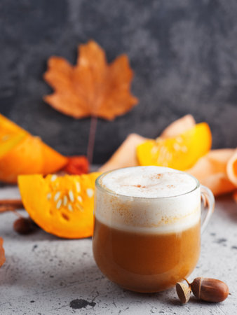 Autumn traditional pumpkin latte glassの写真素材