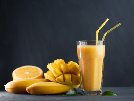 Fresh juicy delicious mango smoothie with orange and bananaの写真素材