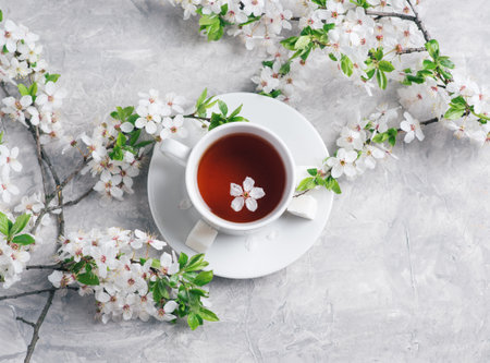 A white Cup of tea on the table and blooming branches of a fruit tree flat lay top viewの写真素材