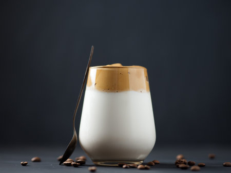 Dalgona coffee. Popular cream coffee cold drink with milk.の写真素材