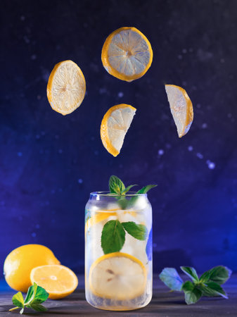 Refreshing lemonade with lemon and mint or lemon mojito, cold cocktail and levitation effect in the...