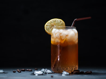 A glass of cold espresso tonic close-up on a wooden table, black background and copy spaceの写真素材