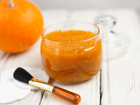 Homemade pumpkin face mask in a glass jarの写真素材