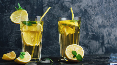 Traditional iced, lemon and mint iced tea. Mojito in two glass glasses on a dark concrete table copyspaceの写真素材