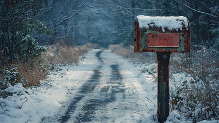 A photorealistic image of an old red mailbox on a snowy, winding country road, surrounded by a winter forest on a foggy dayの素材