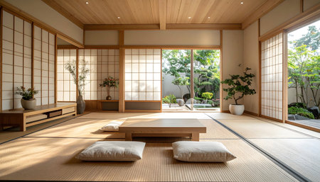 A minimalist, interior with tatami mats, a low wooden table, and sliding paper doors that open to a peaceful gardenの素材