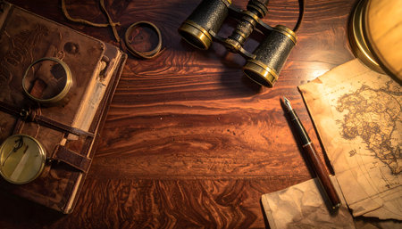 A top-down view of a vintage mahogany desk cluttered with old-fashioned travel items, evoking a sense of adventure and nostalgiaの素材