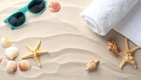 A flat-lay of turquoise sunglasses, a white towel, and seashells on pale sand with natural sun waves and shadows, evoking a feeling of summer vacationの素材
