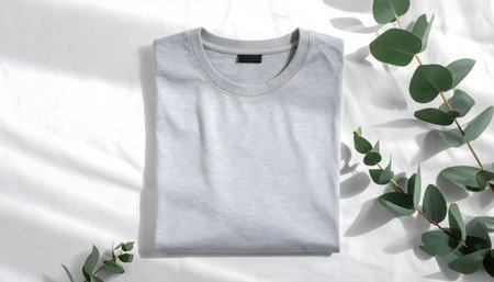 A minimalist flat-lay of a neatly folded blank grey t-shirt and eucalyptus branches on a rumpled white cotton sheet with soft morning lightの素材