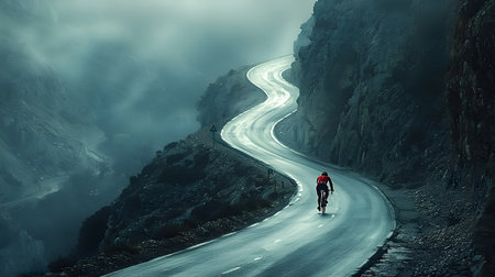 Cyclist walking on the road in the mountains. Mixed mediaの素材