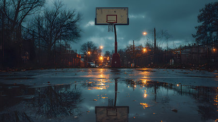 Basketball hoop in the city at night. Reflection in the water.の素材