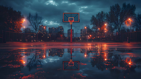 Basketball court at night with reflection in water. 3D renderingの素材