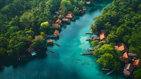 Aerial view of traditional wooden houses on stilts over turquoise water of river.の素材