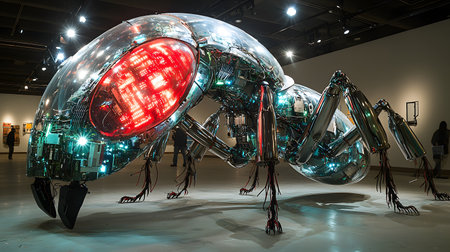 A cybernetic insect sculpture built from circuit boards, wires, and glowing lights stands in an art gallery.の素材