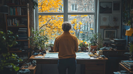 Back view of young man in casual clothes standing in front of window and looking through windowの素材