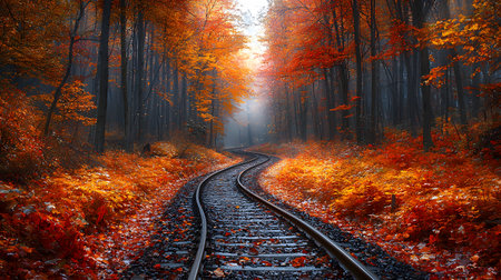 Railway in autumn forest. Railway in the foggy forest.の素材