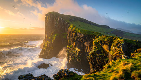 Wild Atlantic Way vista showing a coastal headland dropping into the rough sea, captured with a dramatic wide-angle lens during golden hourの素材