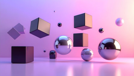 High-resolution conceptual digital illustration of various geometric primitives, including orbs and boxes, rendered with metallic, mirrored texturesの素材