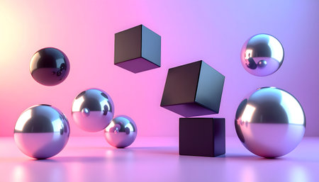 Abstract background with reflective metallic shapes floating in a vibrant, vaporwave-inspired setting, perfect for product displayの素材