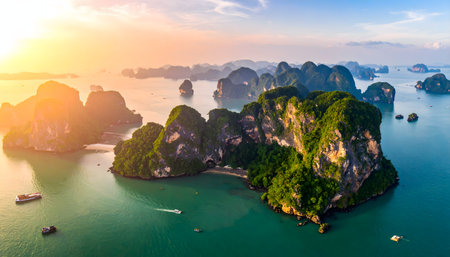 Cluster of dramatic limestone karst islands rising steeply from emerald-green tropical water, captured during a golden hour sunset with boatsの素材