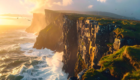 Rugged Irish coastline with a massive sea stack cliff, showing the immense power of the ocean as waves explode into white spray at sunriseの素材
