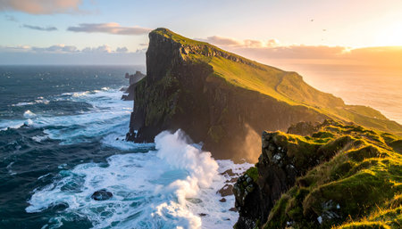 Epic seascape photography of a sheer cliff face on a windy day, with birds flying and the sunlight hitting the green slopes above the turbulent waterの素材