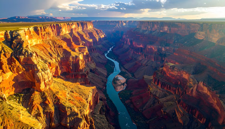 Grand Canyon view during sunset, emphasizing the vibrant earth tones of the sedimentary rock layers and the deep chasm belowの素材