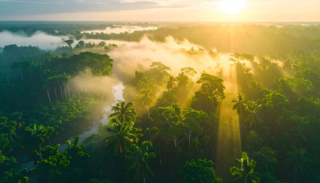 Aerial view of beautiful sunrise over the jungle with palm trees and mist.の素材