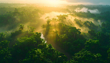 Epic sunrise over a misty, steamy rainforest from a high angle, with a feeling of mystery and lush natureの素材