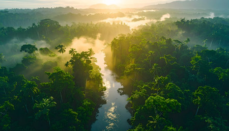 Stunning aerial view of a jungle river winding through a vibrant green canopy illuminated by golden morning lightの素材