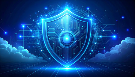 Cyber security concept with shield and blue background. Vector illustration.の素材
